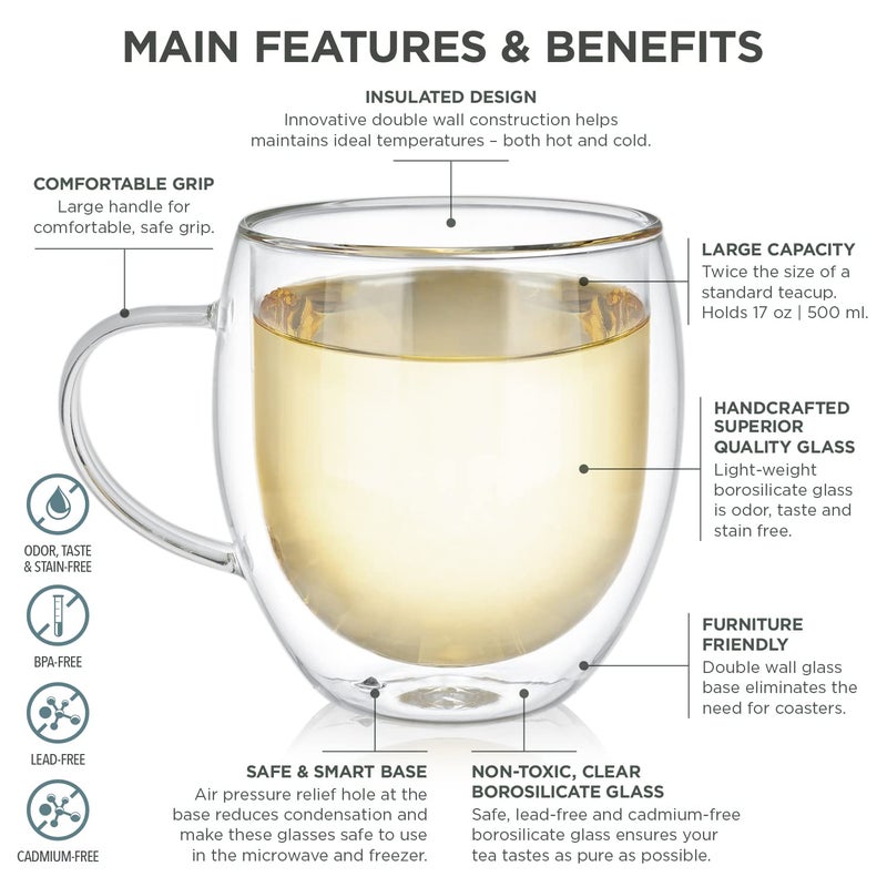 Teabloom Oversized Insulated Borosilicate Glass Mugs (17 oz / 500 ml) â€“ Set Includes 2 Mugs + 2 Blooming Teas â€“ Premium Quality Microwave Safe Glasses - Image 3